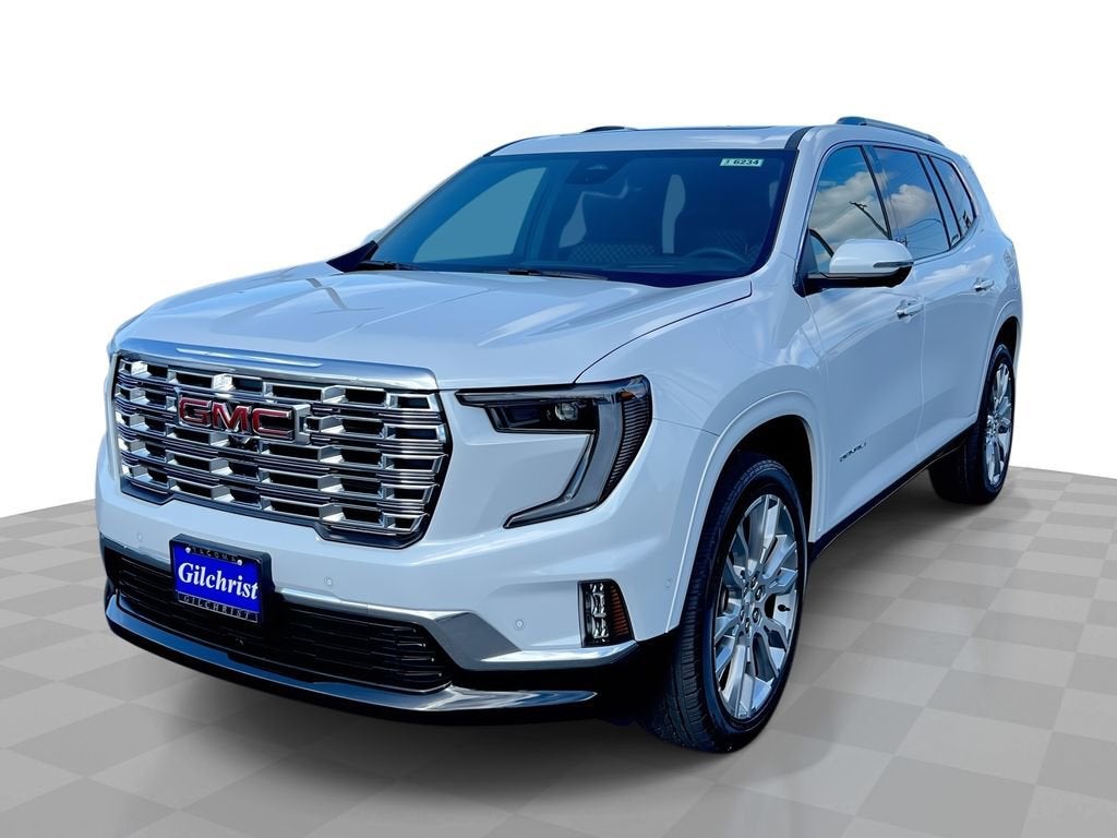 2026 GMC Acadia Denali in Glacier White Tricoat — front three-quarter view