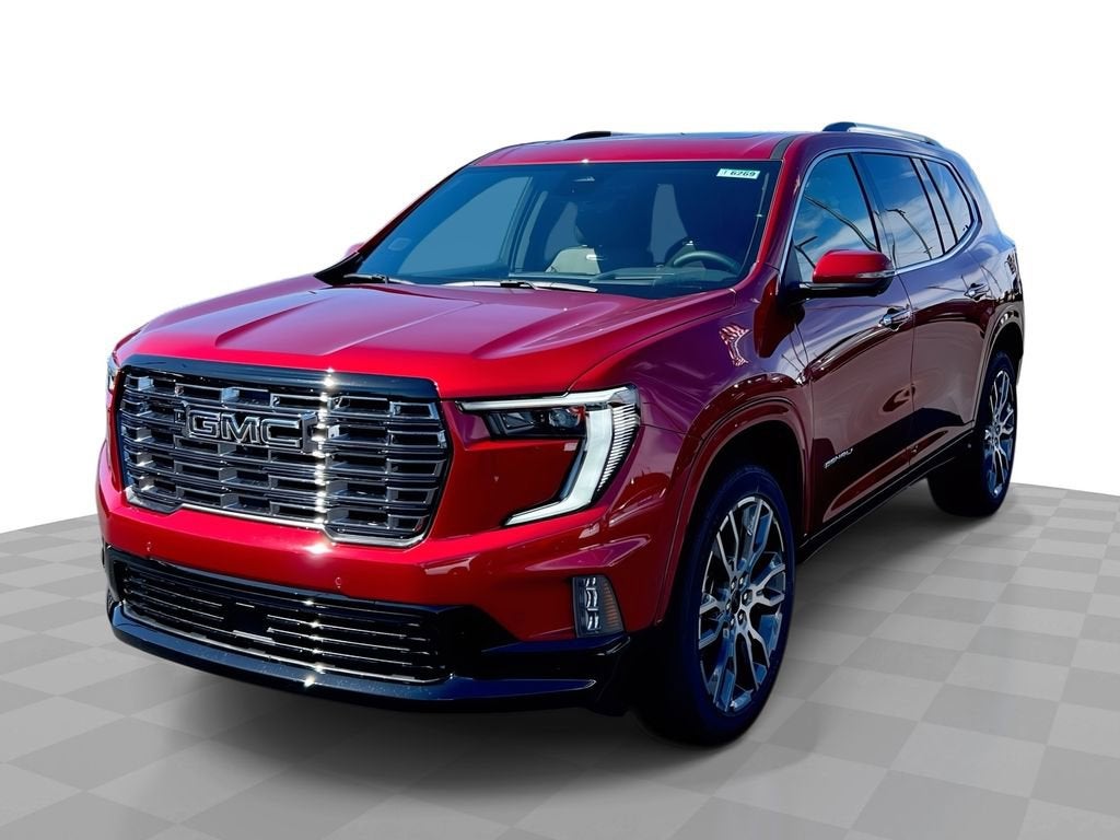 2026 GMC Acadia Denali Ultimate in Volcanic Red Tintcoat — front three-quarter view